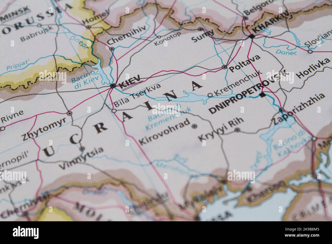 Map of Ukraine with Kiev and the borders with Belarus and Russia ((before 2014 and 2022). Stock Photo