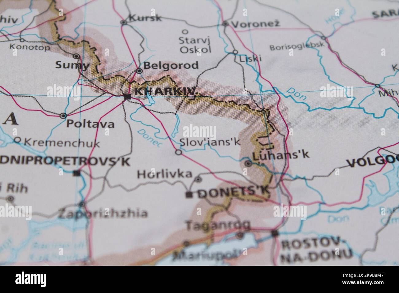 Map of Donbass with the border betweek Ukraine and Russia (before 2014 and 2022). Stock Photo