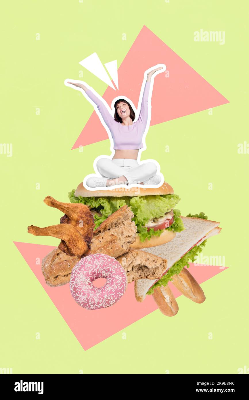 Artwork magazine picture of happy smiling lady sitting big huge take away food stack pile isolated drawing background Stock Photo