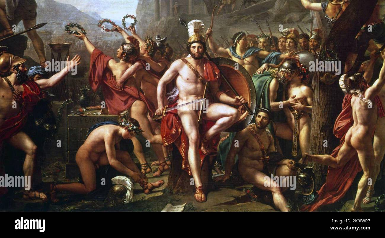 LEONIDAS I with his 300 Spartans holding the pass at Thermopylae in 480 BC. Painted by Jacques-Louis David in 1813, now in the Louvre Stock Photo