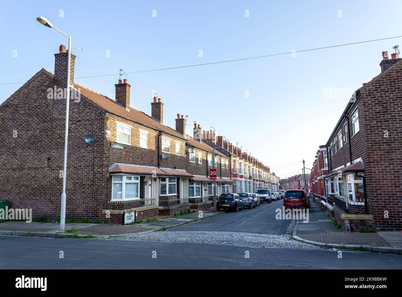 Birkenhead, UK Clifford Street terraced houses from the junction with