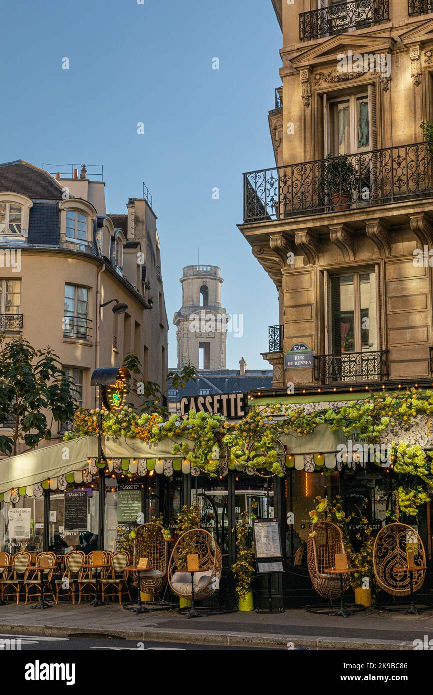 Cafe with Bell Tower in Background, Paris France Stock Photo Alamy