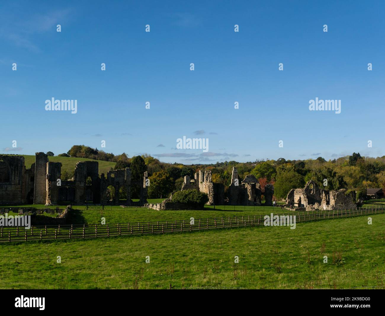 View to ruins of Easby Abbey Richmond North Yorkshire England UK a