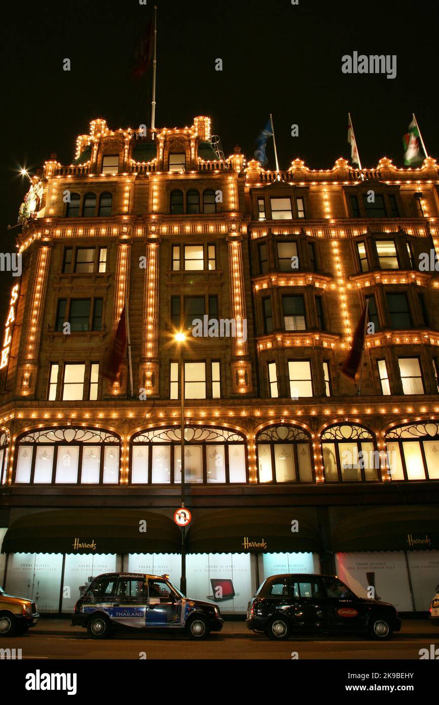 London, UK January 11, 2011 Night View of Harrods department store