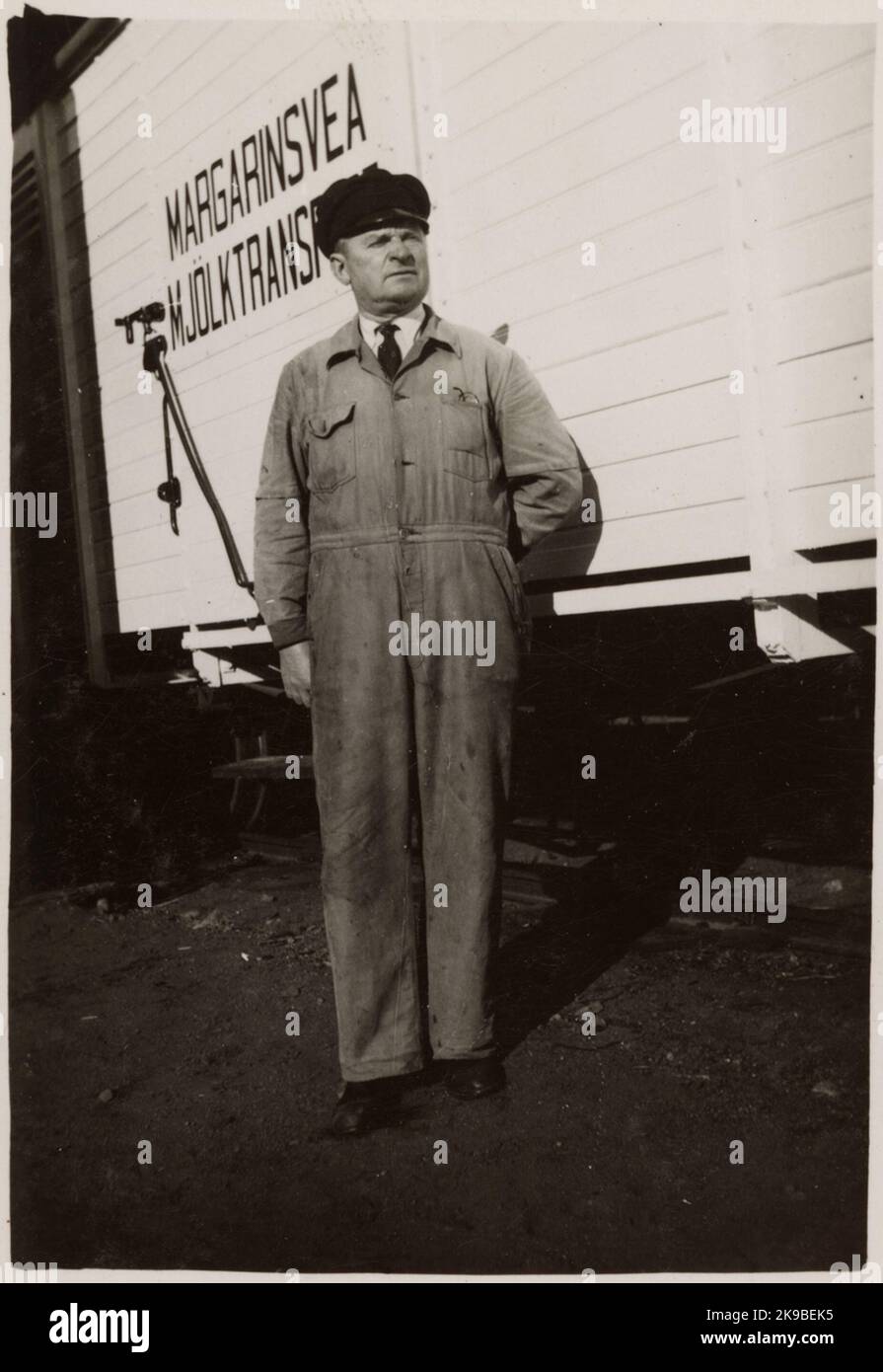 J. F. Adolfson, Kalmar Central, in front of a freight wagon with text 'Margarinsvea milk transport'. Stock Photo