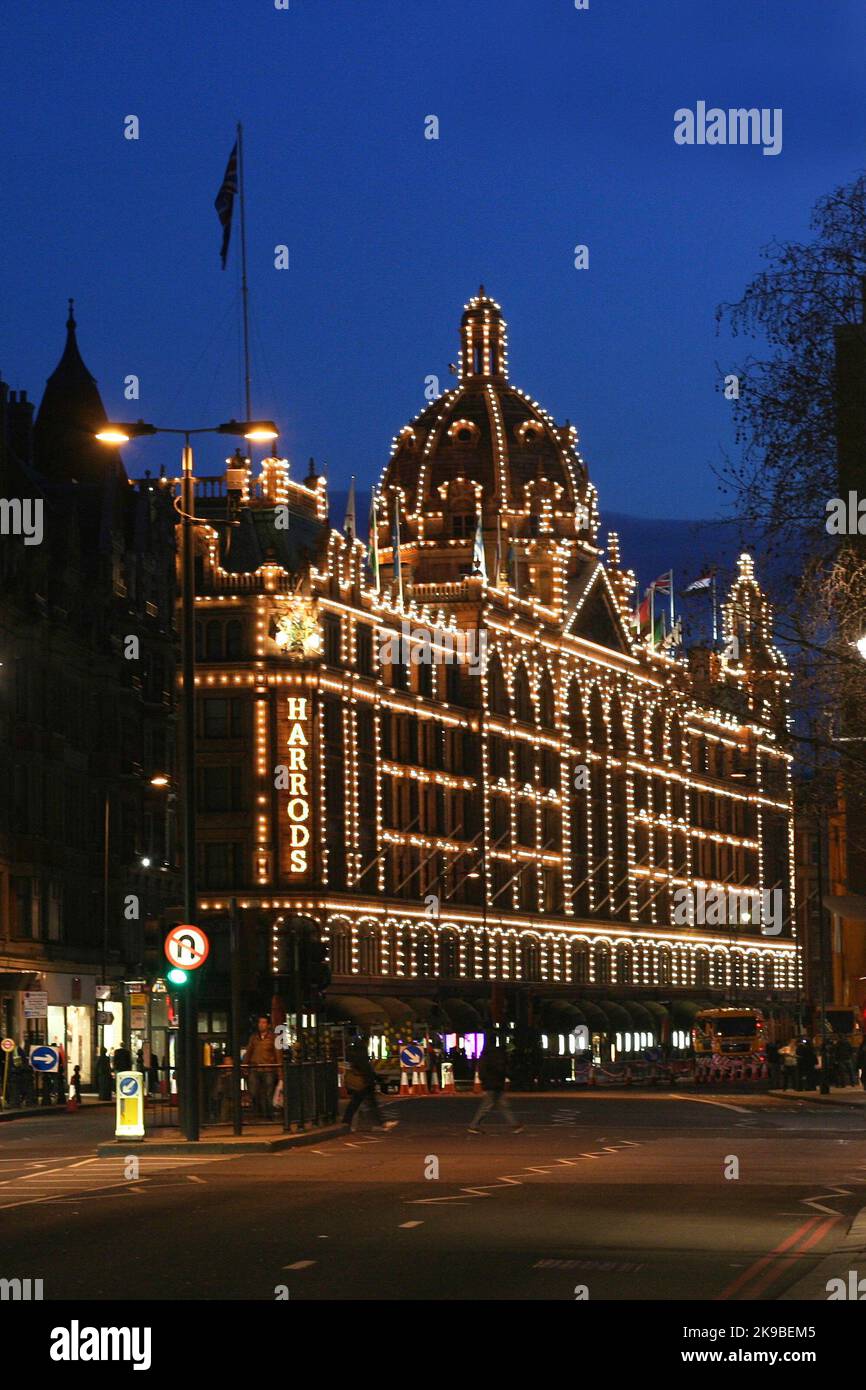 London, UK April 4, 2010 Night View of Harrods department store in