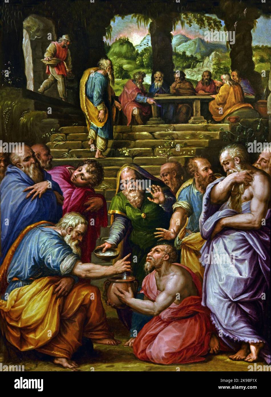 The Miracle of the Prophet Elisha 1566 by Giorgio VASARI Arezzo, 1511 – Florence, 1574, Italian, Italy, Elisha, Nourish the sons of the prophets, pressed by famine, Elisha changed a pottage, made from poisonous gourds into wholesome food, He fed a hundred men , twenty loaves of new barley, leaving some leftover, in a story which is comparable , miracles of Jesus in the New Testament, Stock Photo