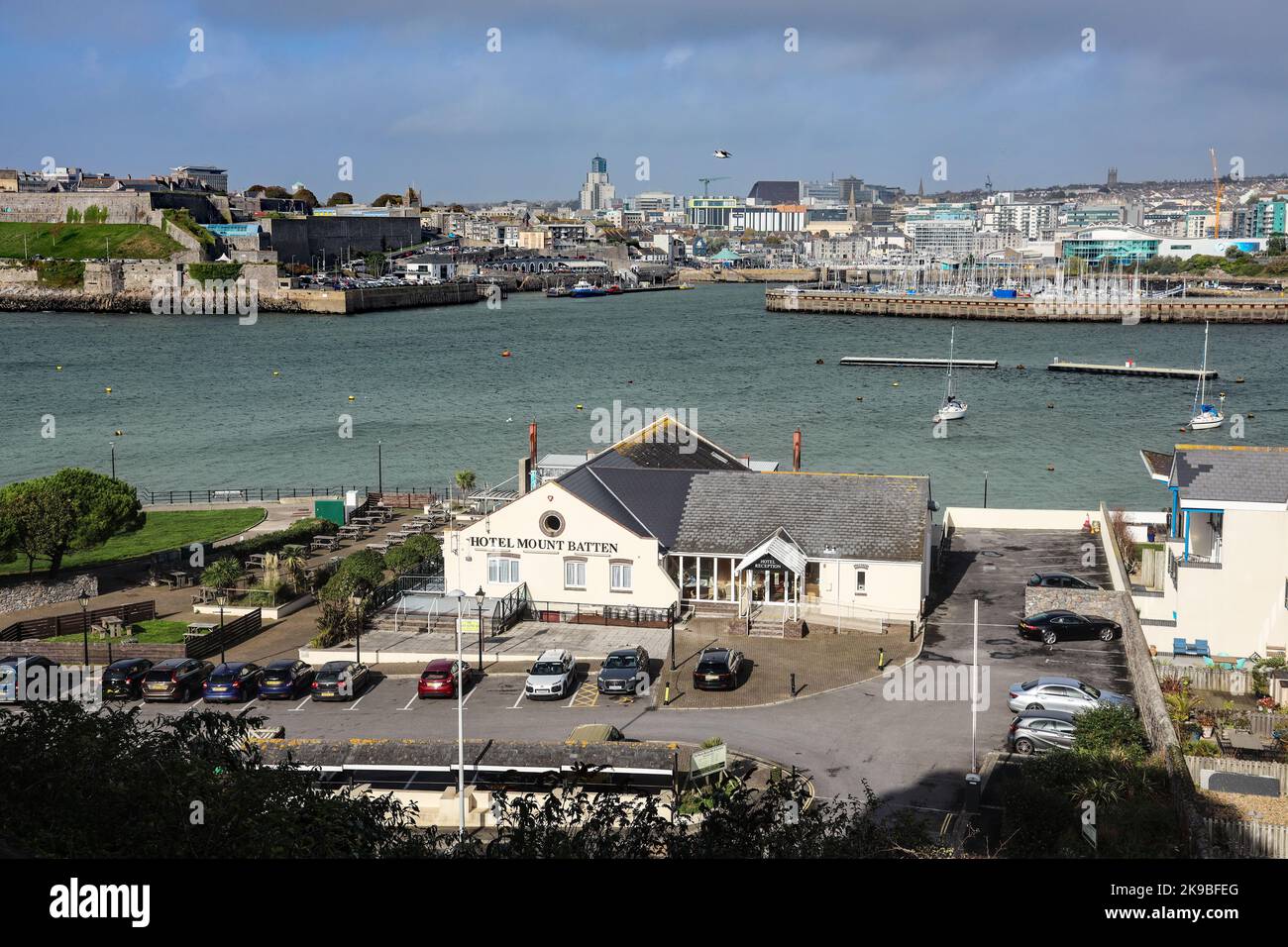 The Hotel Mount Batten and Carvery seen from a high vantage point with the Plymouth Barbican, Citadel and more forming the backdrop Stock Photo