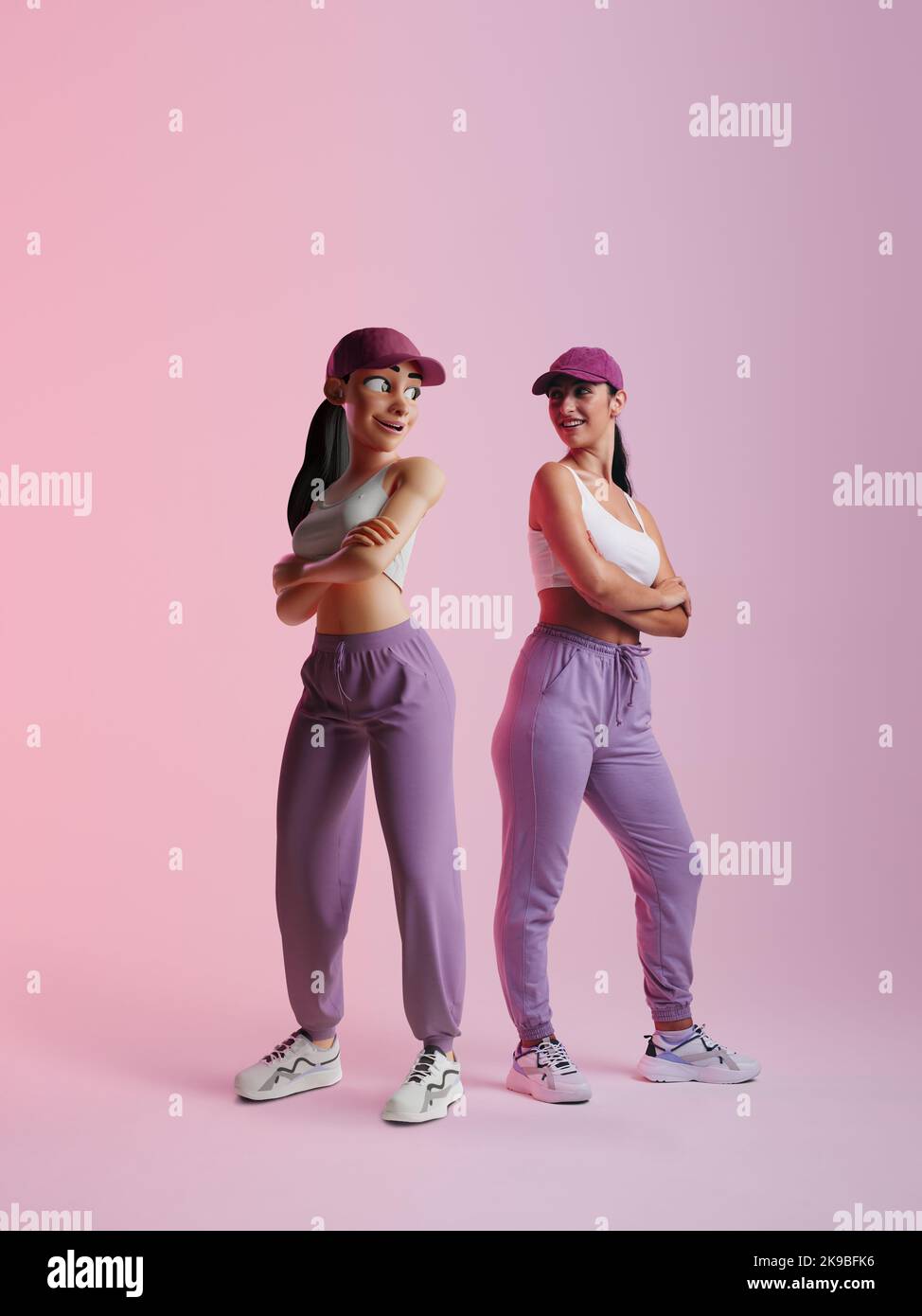 Sporty young woman standing next to her metaverse avatar in a studio. Happy young woman smiling at the 3D simulation of herself. Cheerful young woman Stock Photo