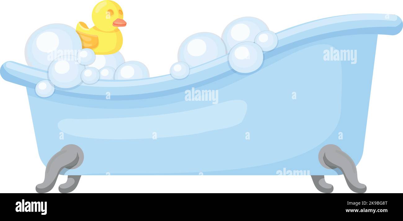 Bathtub full of water with rubber duck. Bathroom cartoon icon Stock