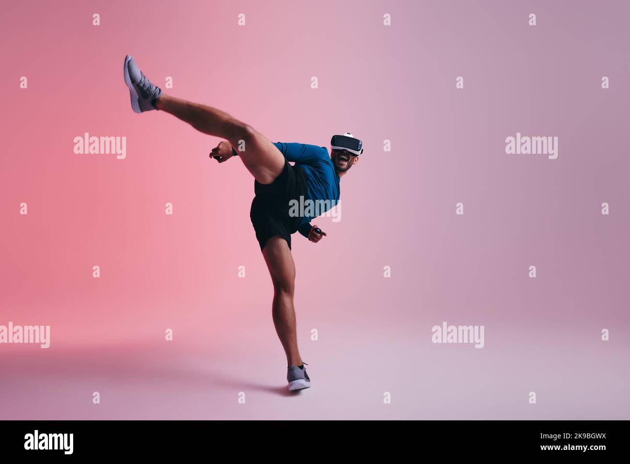 Man practicing martial arts in the metaverse. sporty young man throwing