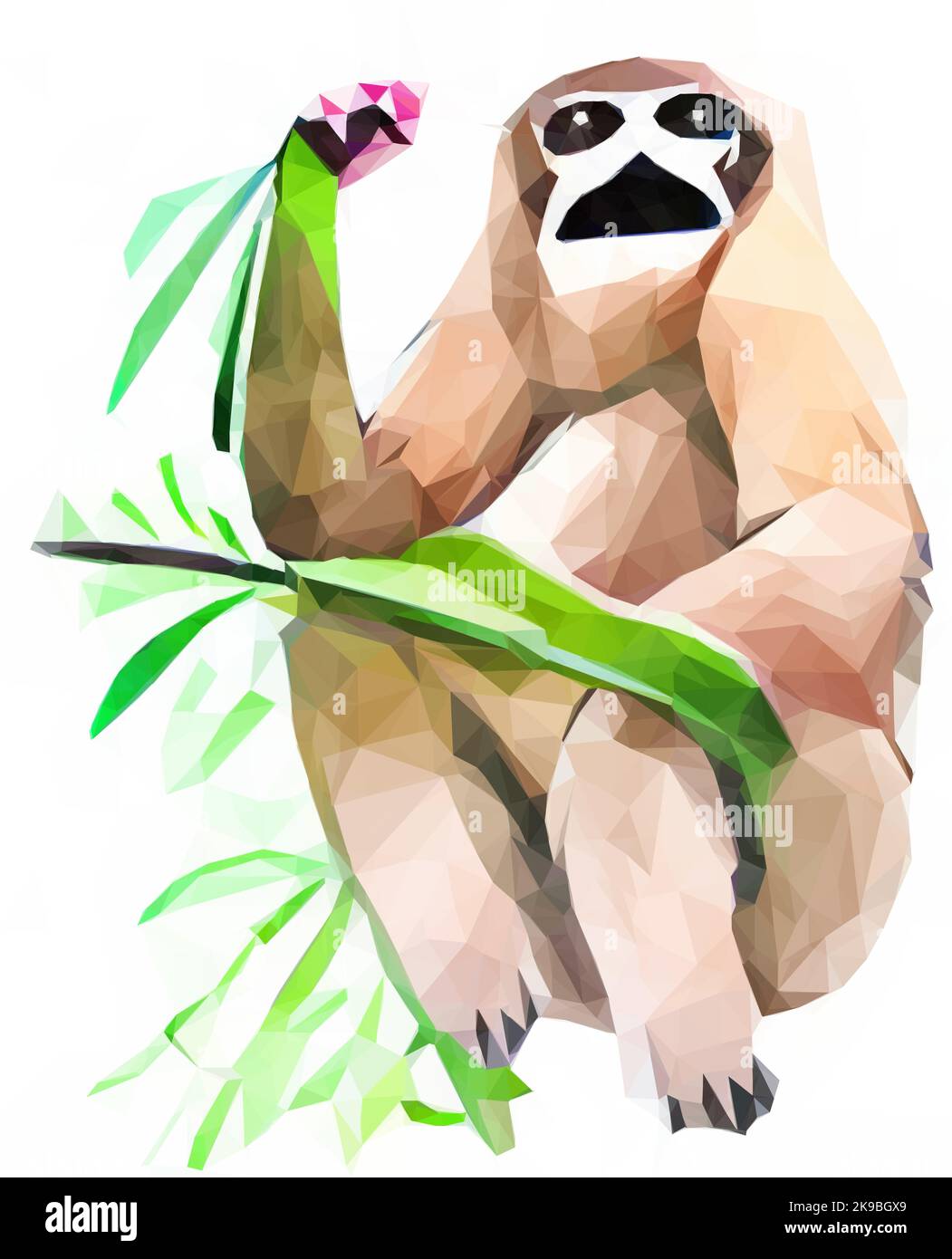 Watercolour monkey with leaves on white background. Vector in low poly art. Stock Vector