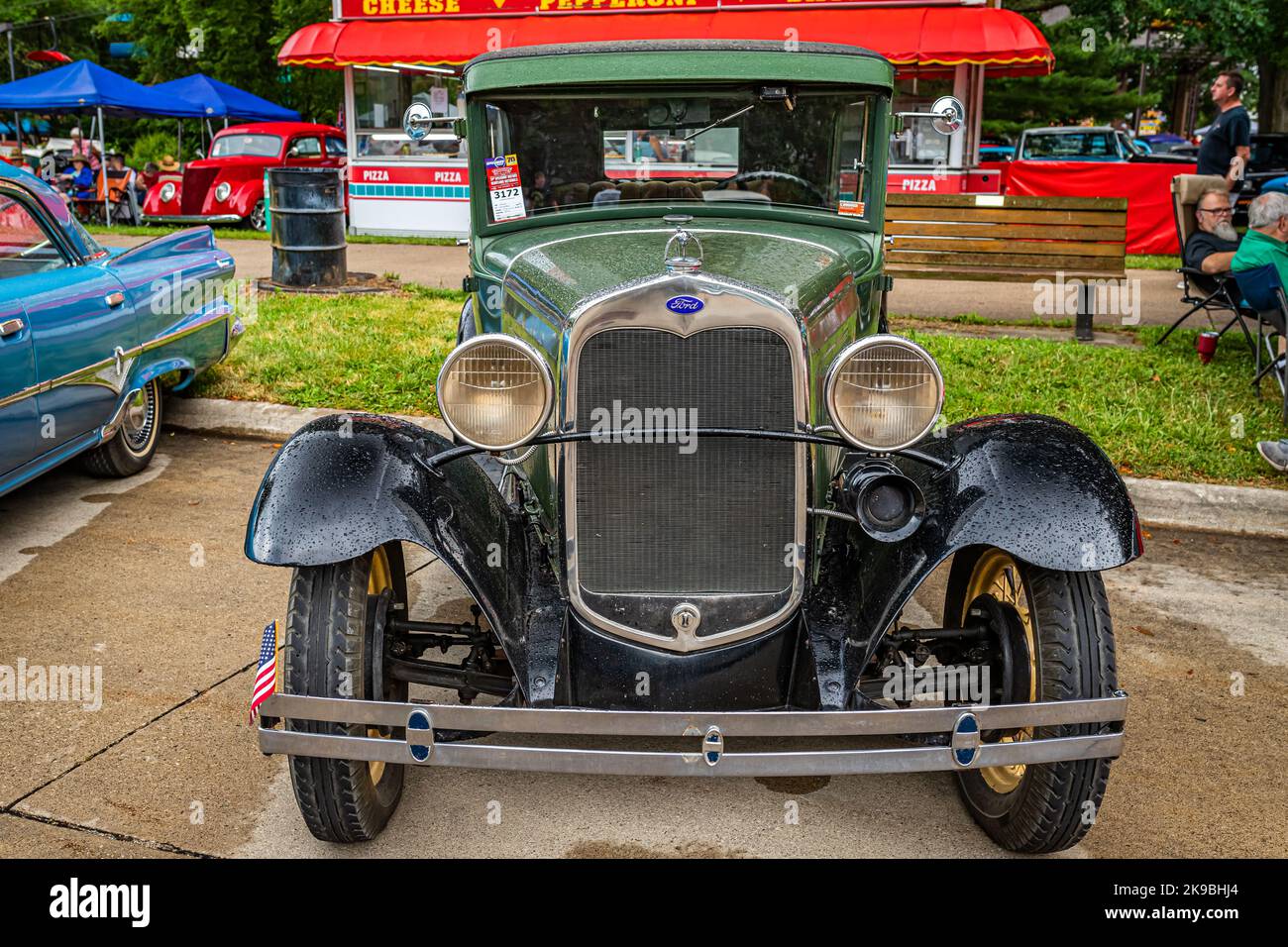 Des Moines, IA - July 01, 2022: High perspective front view of a 1930 Ford Model A Tudor Sedan at a local car show. Stock Photo