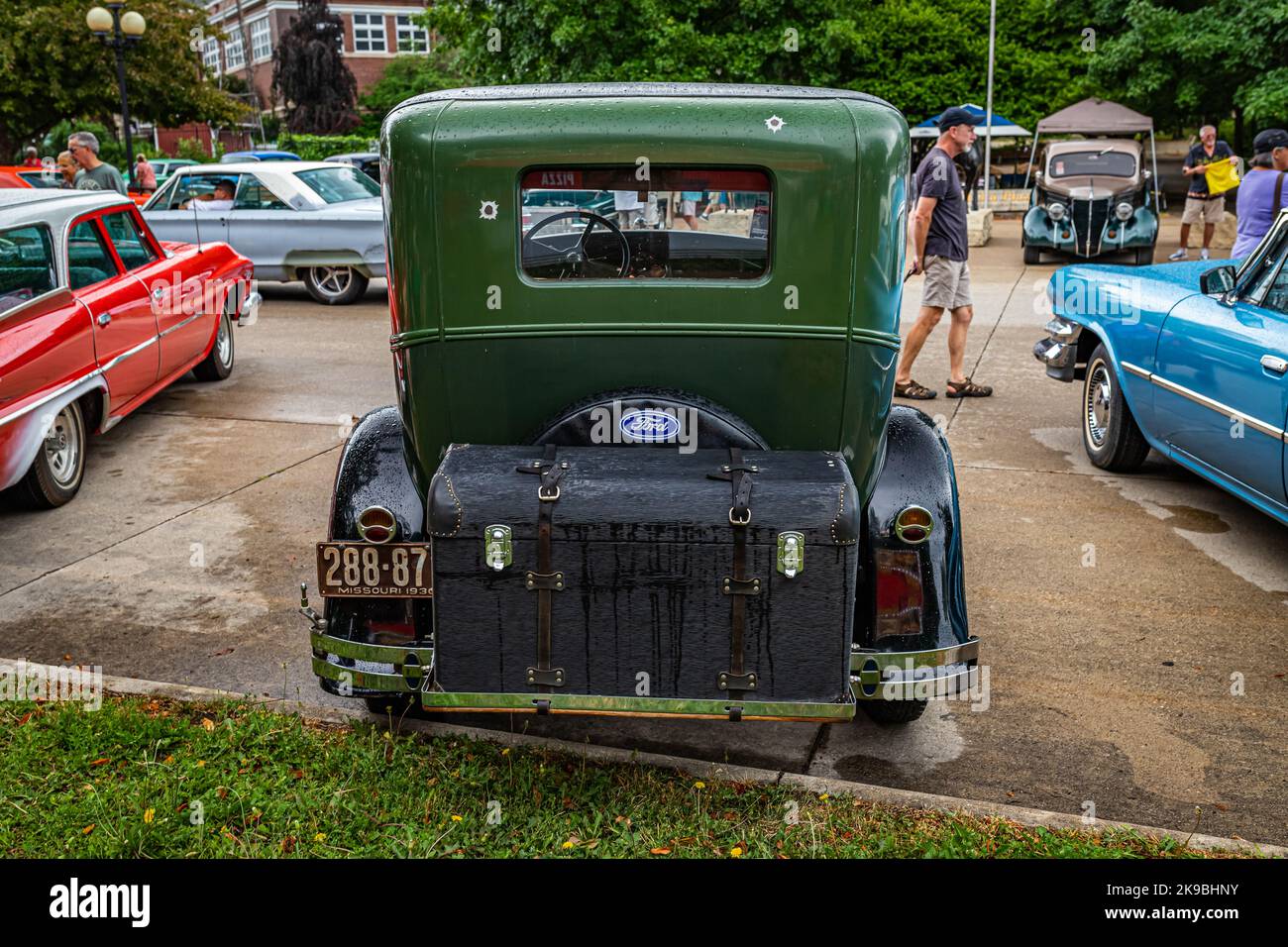 Des Moines, IA - July 01, 2022: High perspective rear view of a 1930 Ford Model A Tudor Sedan at a local car show. Stock Photo