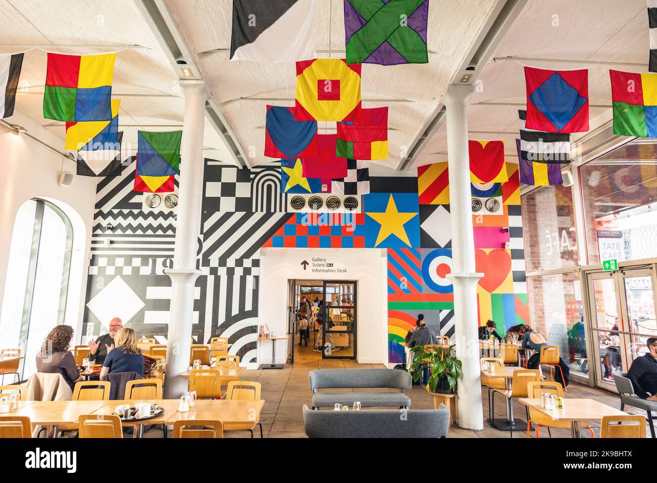Cafe at Tate Liverpool art gallery featuring Flags and Mural by Sir