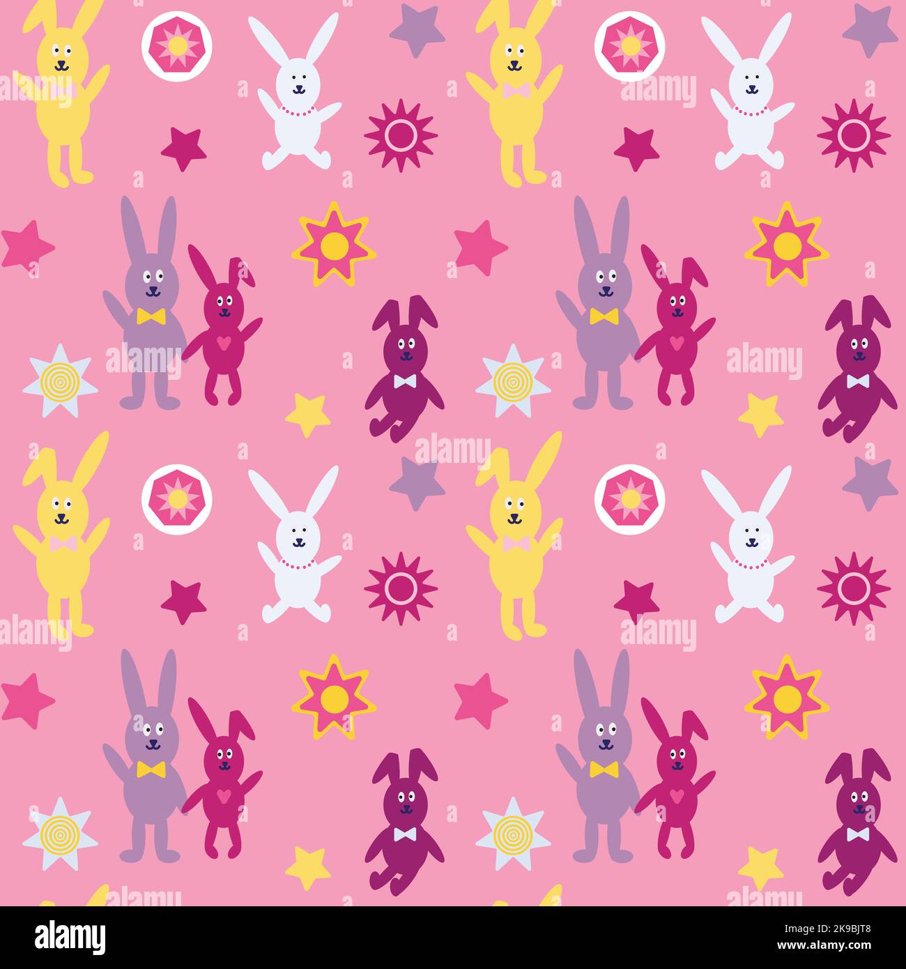Rabbit and star seamless pattern on pink background. Stock Vector