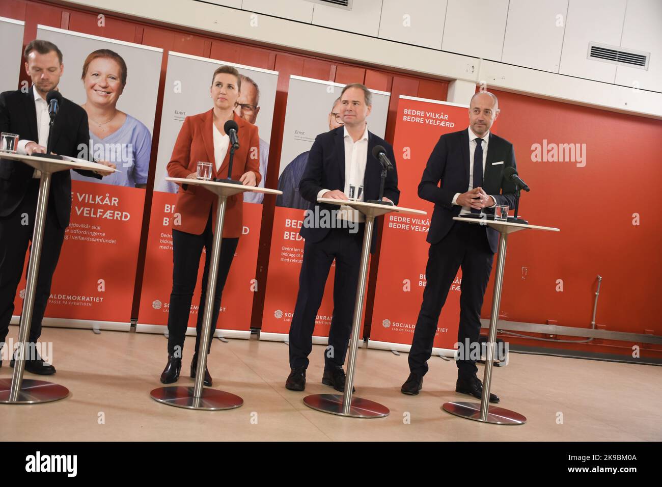 Copenhagen/Denmark/26 October 2022/ Ms.Mette Frederisken primeminister and social democrat party leadeer visits Senior  hone and ay cares center Solun greets eldlery and senior vauable people and holds joint press conference  for better opperortunity and better welfare in denark with health minister Magnus Heunicke minister for labour Peter Hummelgaard and danish finance minister Nicolai wWammen and left with eections cmpaign bus for country election tour in Copenhagen Denmark. (Photo. Francis Joseph Dean/Dean Pictures. Stock Photo