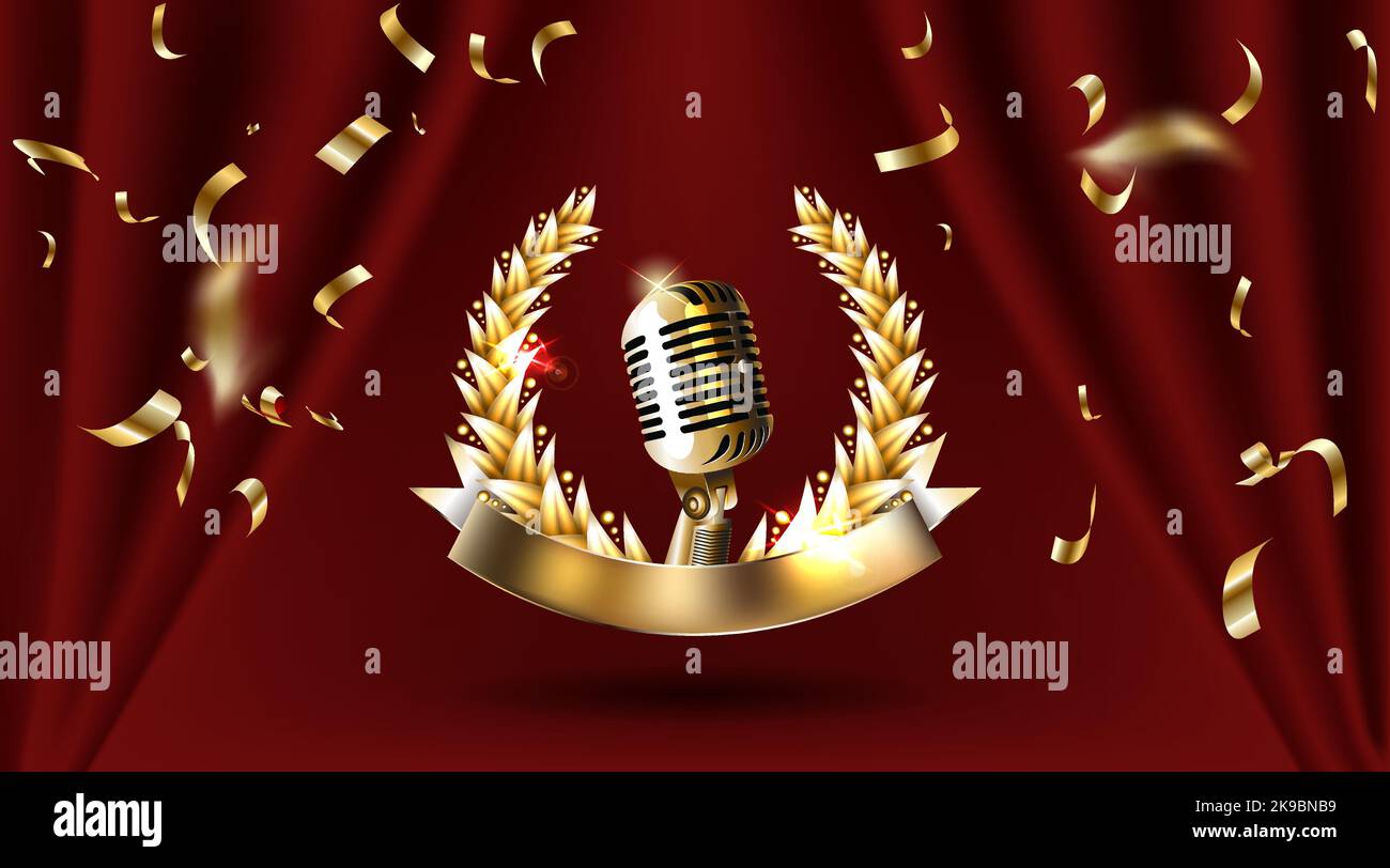 Vintage gold metal microphone. Red curtain background with spotlight ...