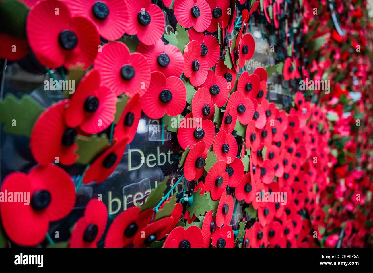 London, UK. 27th Oct, 2022. The Royal British Legion's Poppy Appeal 2022 launches with a 6-metre-wide wall of poppies featuring stories of veterans, RBL beneficiaries (many having received lifechanging support) and their families - the people behind the poppy. Members of the public were invited to take a paper poppy from the wall to uncover the stories. The charity is urging people to wear a poppy this year to show that they care and that the service and sacrifice of serving personnel, veterans and their families will never be forgotten. Credit: Guy Bell/Alamy Live News Stock Photo