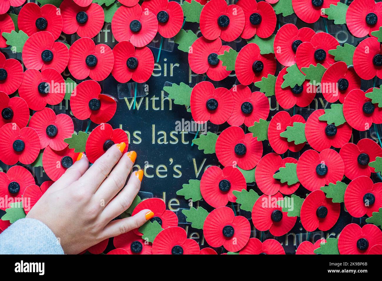 London, UK. 27 Oct 2022. Visitors of all ages Enjoy peeling off the poppies - The Royal British Legion's Poppy Appeal 2022 launches with a 6-metre-wide wall of poppies featuring stories of veterans, RBL beneficiaries (many having received lifechanging support) and their families - the people behind the poppy. Members of the public were invited to take a paper poppy from the wall to uncover the stories. The charity is urging people to wear a poppy this year to show that they care and that the service and sacrifice of serving personnel, veterans and their families will never be forgotten. Credit Stock Photo