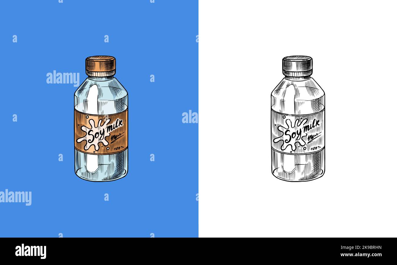 Soy milk sketch in a glass bottle. Detailed vegetarian food and leaves