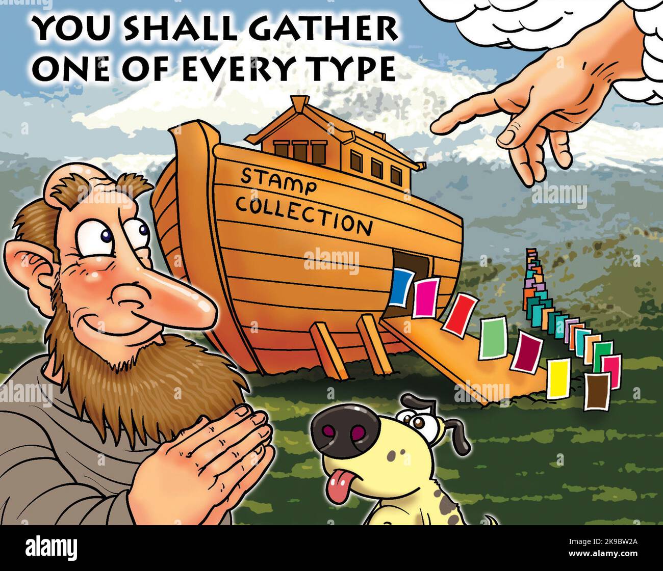 Concept art, stamp collector dressed as Noah, with stamps entering the ark Concept: the thrill of trying to collect one of every type of postage stamp Stock Photo