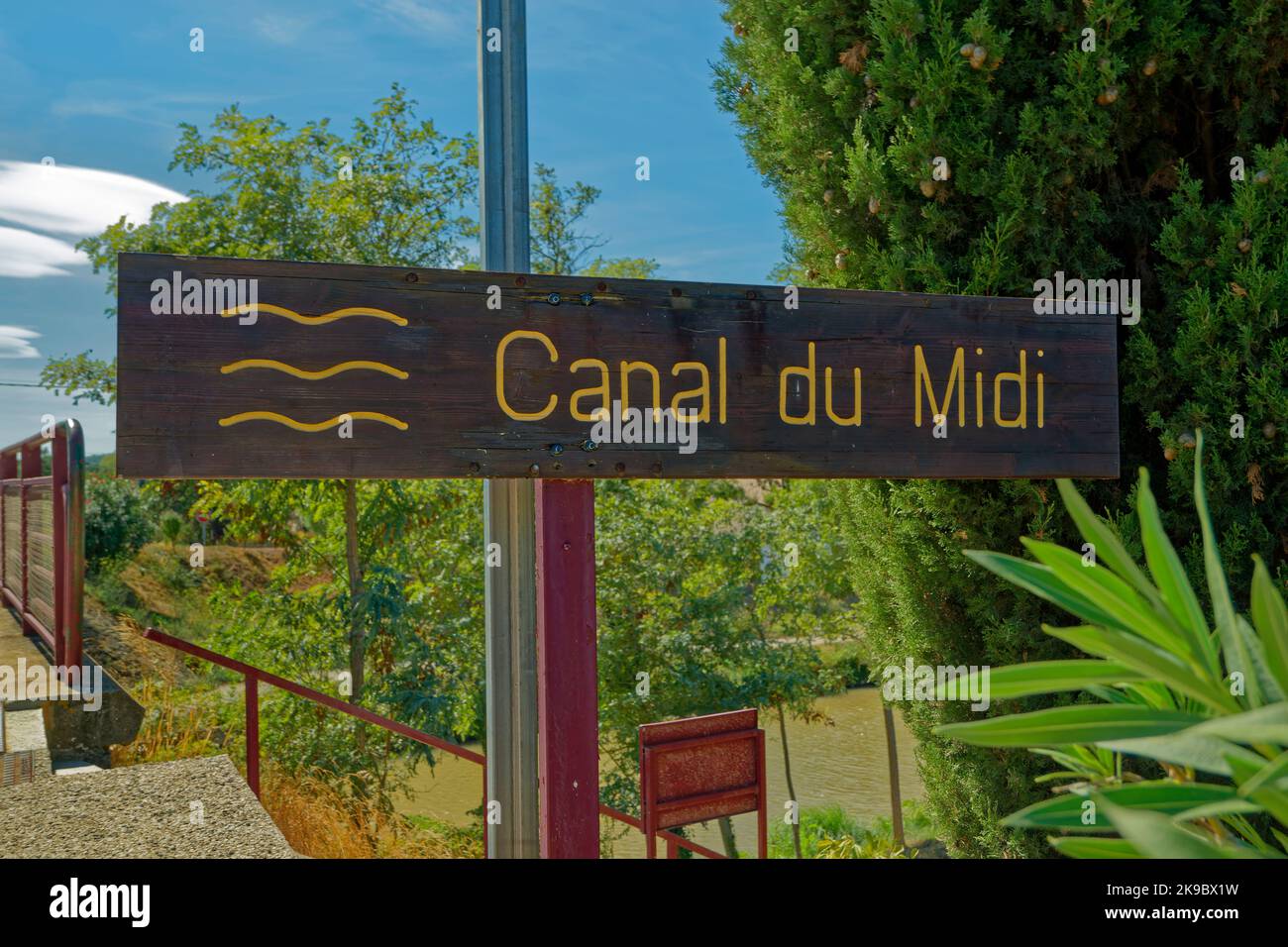 Canal du Midi sign at Paraza, Aude Department in the south of France. Stock Photo