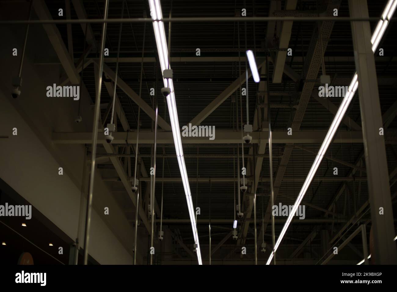 Lights on ceiling. Interior of building. Fluorescent Light. Gas lamp in