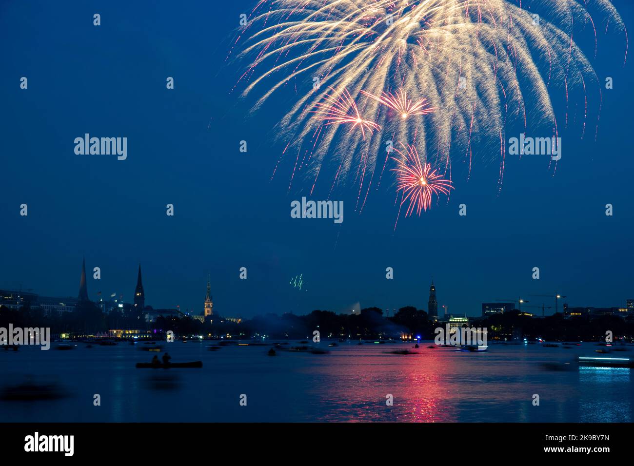Hamburg Harbor and the city at night with firework - Hamburg bei Nacht und mit Feuerwerk Stock Photo