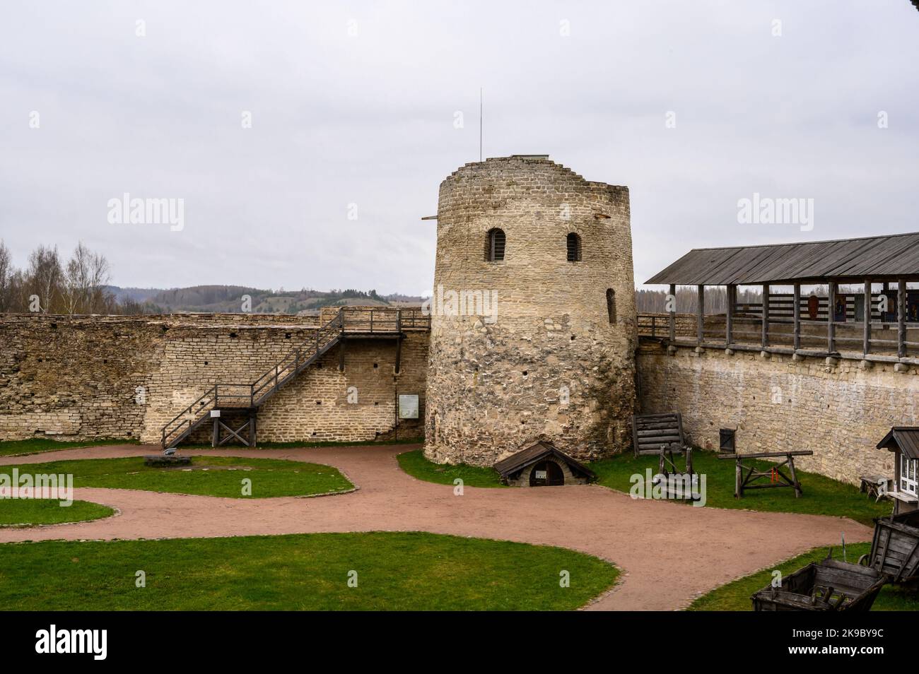 Lukovka Tower Izborsk Fortress. Izborsk Pskov Oblast. Historical places of Russia. The old ruined fortress. Stock Photo