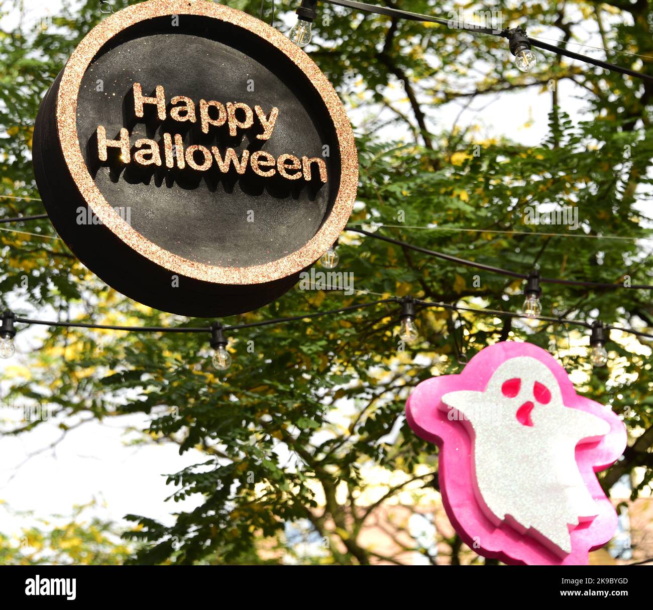 Manchester, UK. 27th October, 2022. A 'Happy Halloween' message over