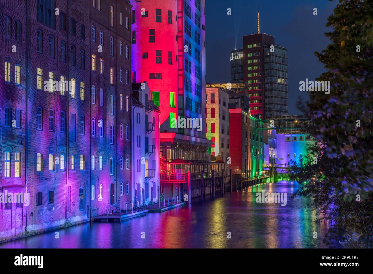 illuminated night view - Hamburg Panorama at night - Hamburg-Harburg Hafen bei Nacht Stock Photo