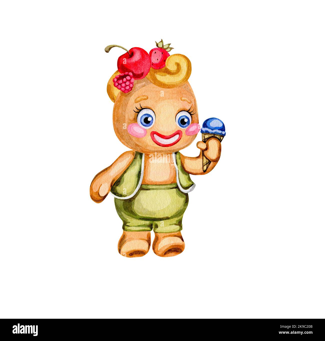 Ginger Man. Watercolor illustration. Character summer gingerbread man