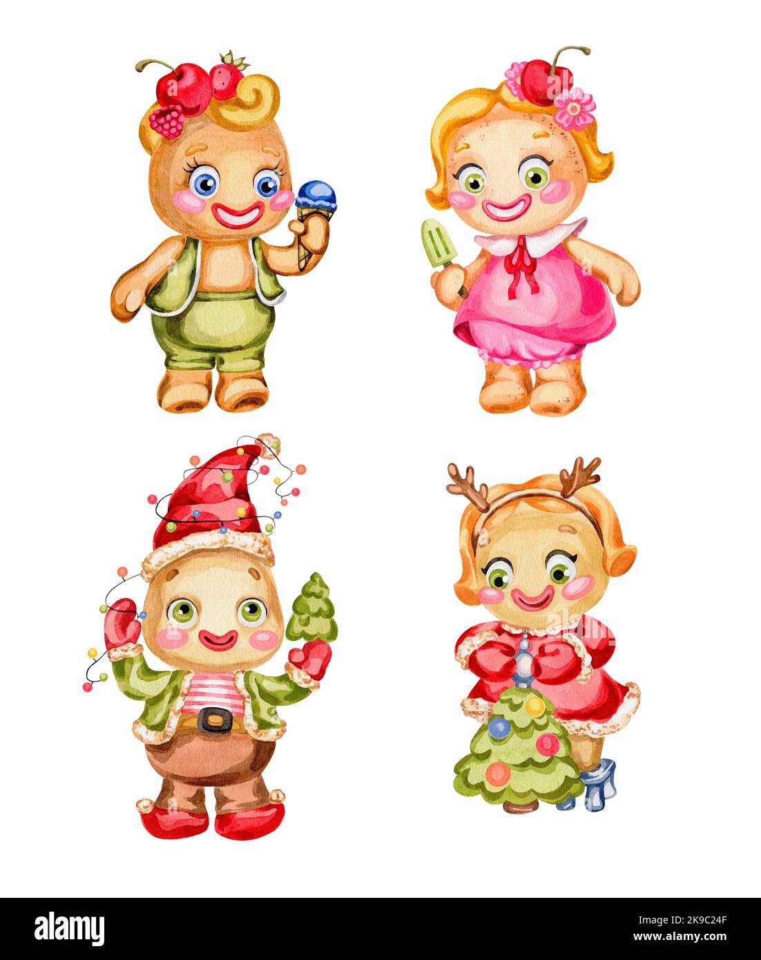 Ginger Man. Watercolor illustration. Character gingerbread man summer