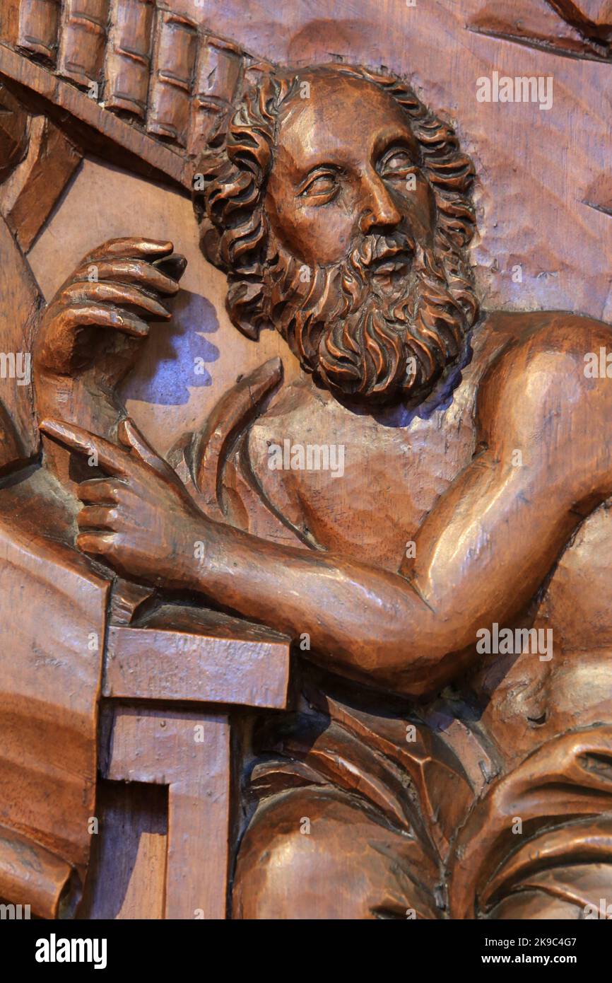 Saint-Jérôme. Sculpture sur bois. Chaire. Eglise Saint-Gervais-et-Protais. Saint-Gervais-les-Bains. Haute-Savoie. Auvergne-Rhône-Alpes. France. Stock Photo
