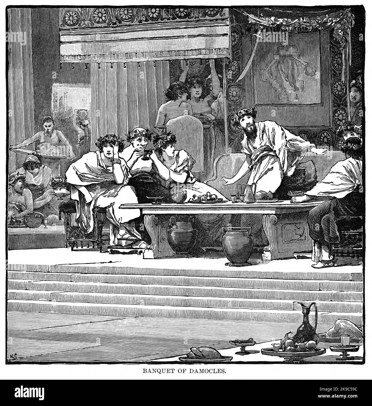 Banquet of Damocles, Illustration, Ridpath's History of the World, Volume I, by John Clark Ridpath, LL. D., Merrill & Baker Publishers, New York, 1894 Stock Photo
