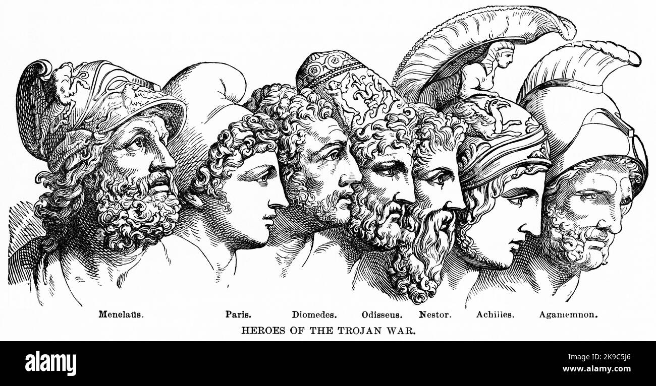 Heroes of Trojan War,  Menelaus, Paris, Diomedes, Odysseus, Nestor, Achilles, Agamemnon, Illustration, Ridpath's History of the World, Volume I, by John Clark Ridpath, LL. D., Merrill & Baker Publishers, New York, 1894 Stock Photo