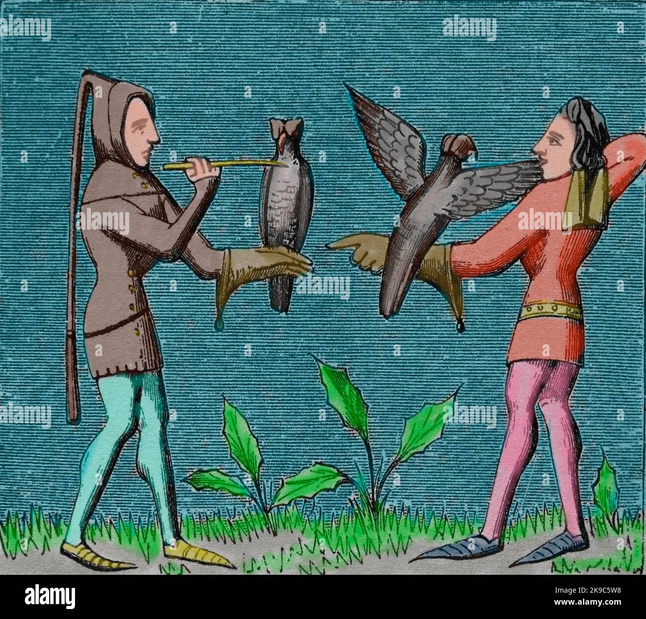 Europe. Middle Ages. hunting. Falconers dressing their birds. Engraver Stock Photo Alamy