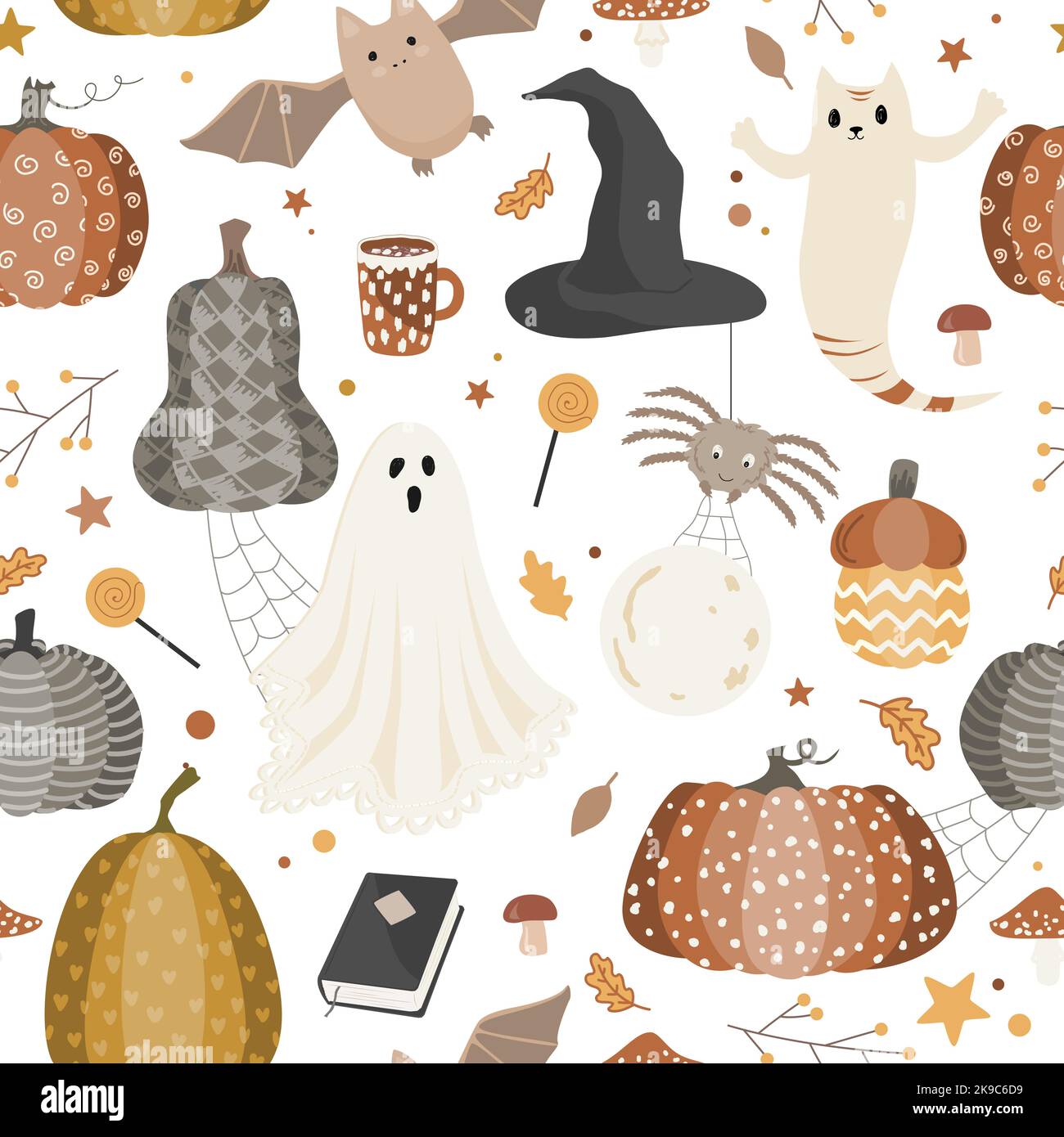 Halloween seamless pattern design with ghost, pumpkins, bat, and leaves. Vector illustration. Stock Vector