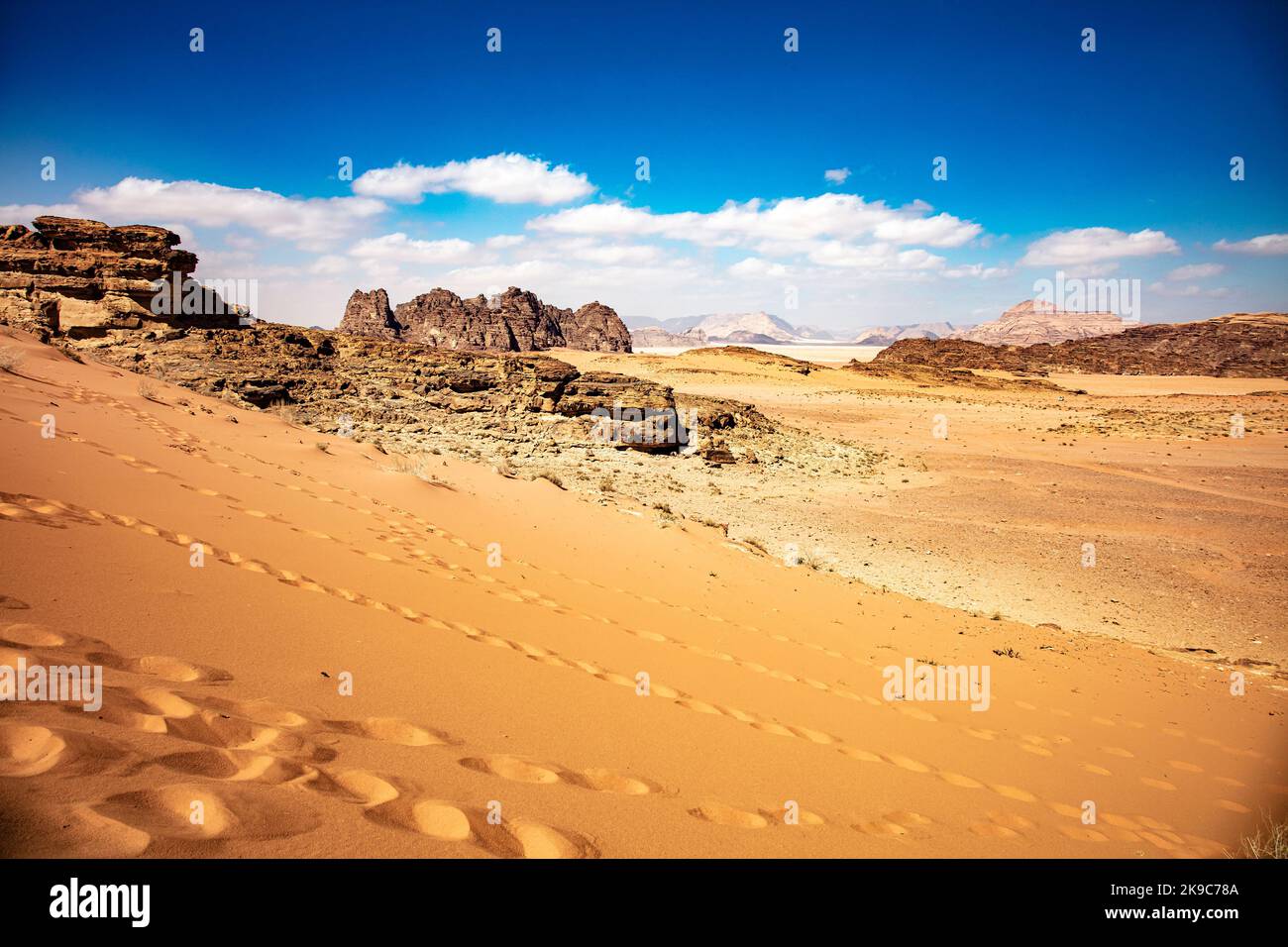 dunes and rocks in the wadi rum desert. Jordan Stock Photo