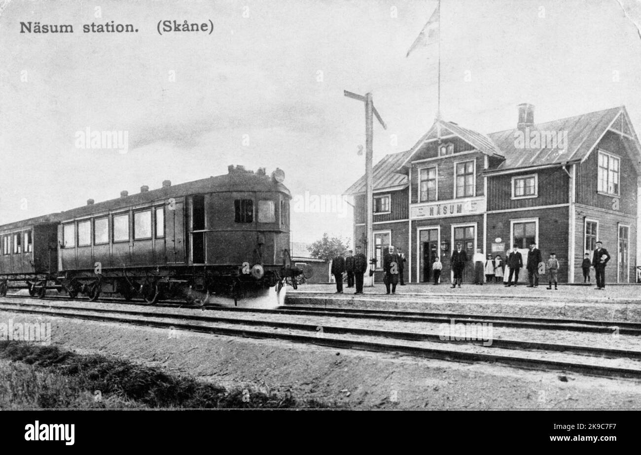 Näsum station.Soej steam car. Stock Photo