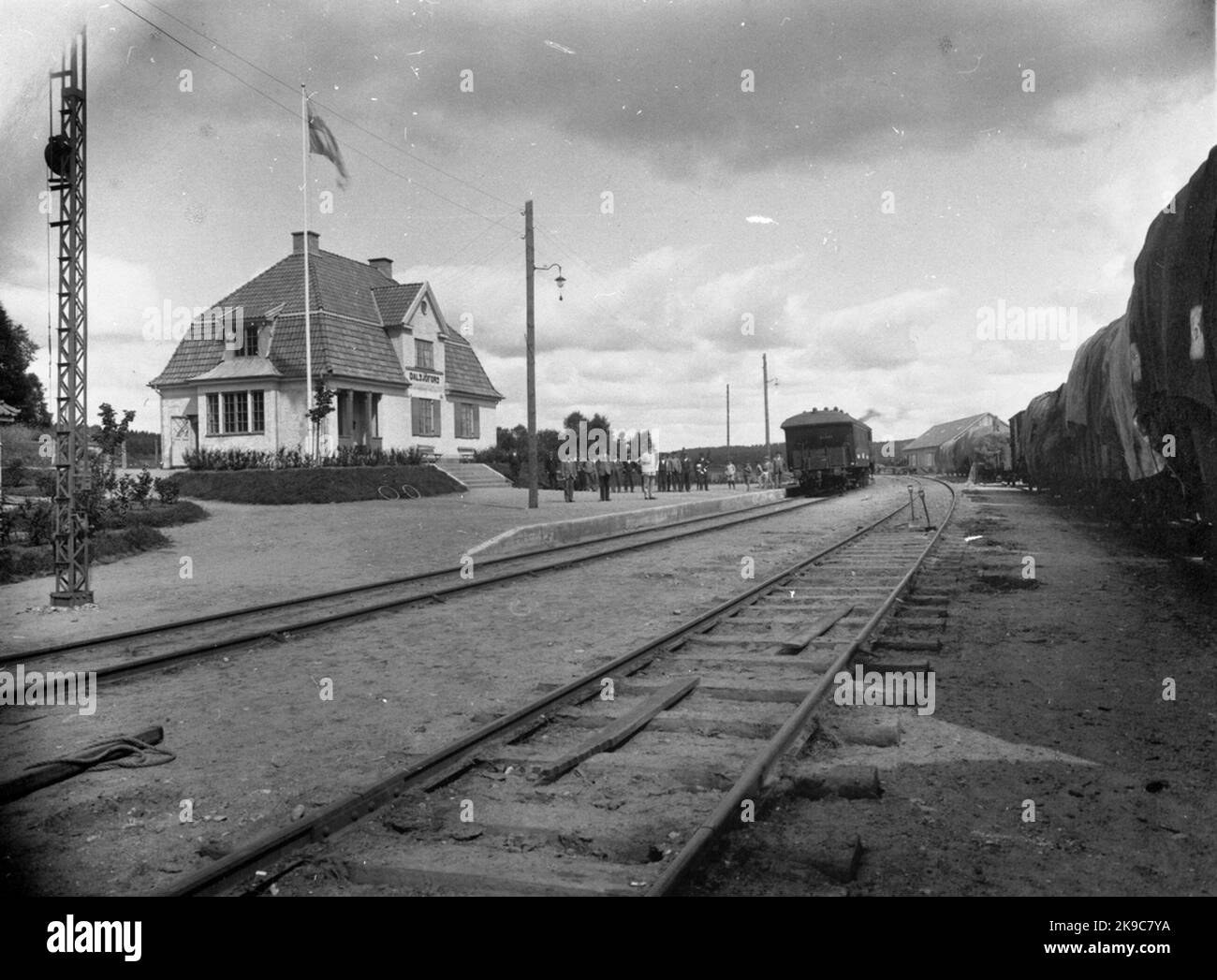 The railway station in Dalsjöfors, built by Borås - Ulricehamn Railway 1917. The station house was demolished and replaced with a bus shed in 1982. Stock Photo