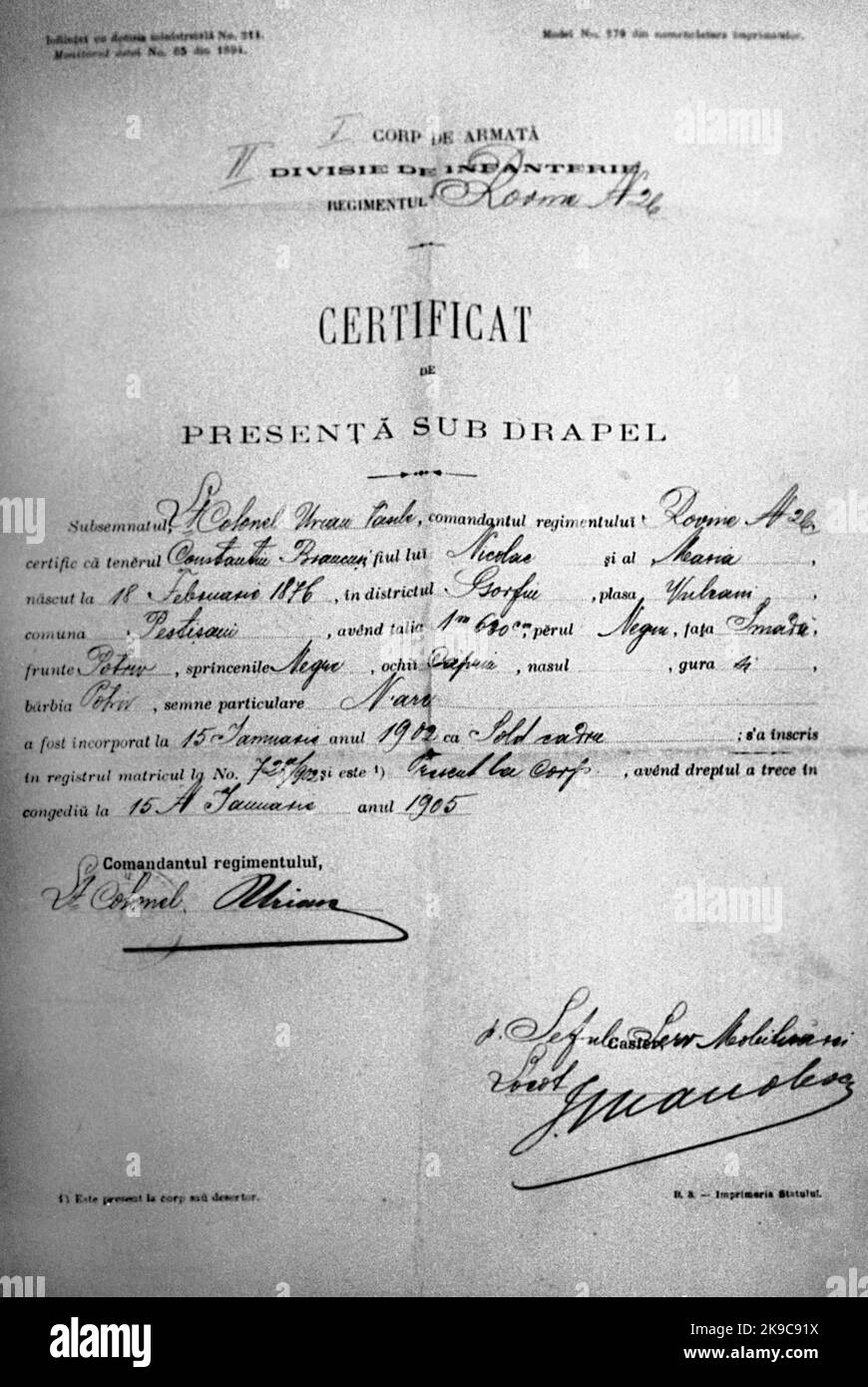 Hobita, Gorj County, Romania, 2001. The memorial house of sculptor Constantin Brâncuși. Original army enrollment document of the sculptor in 1902. Stock Photo