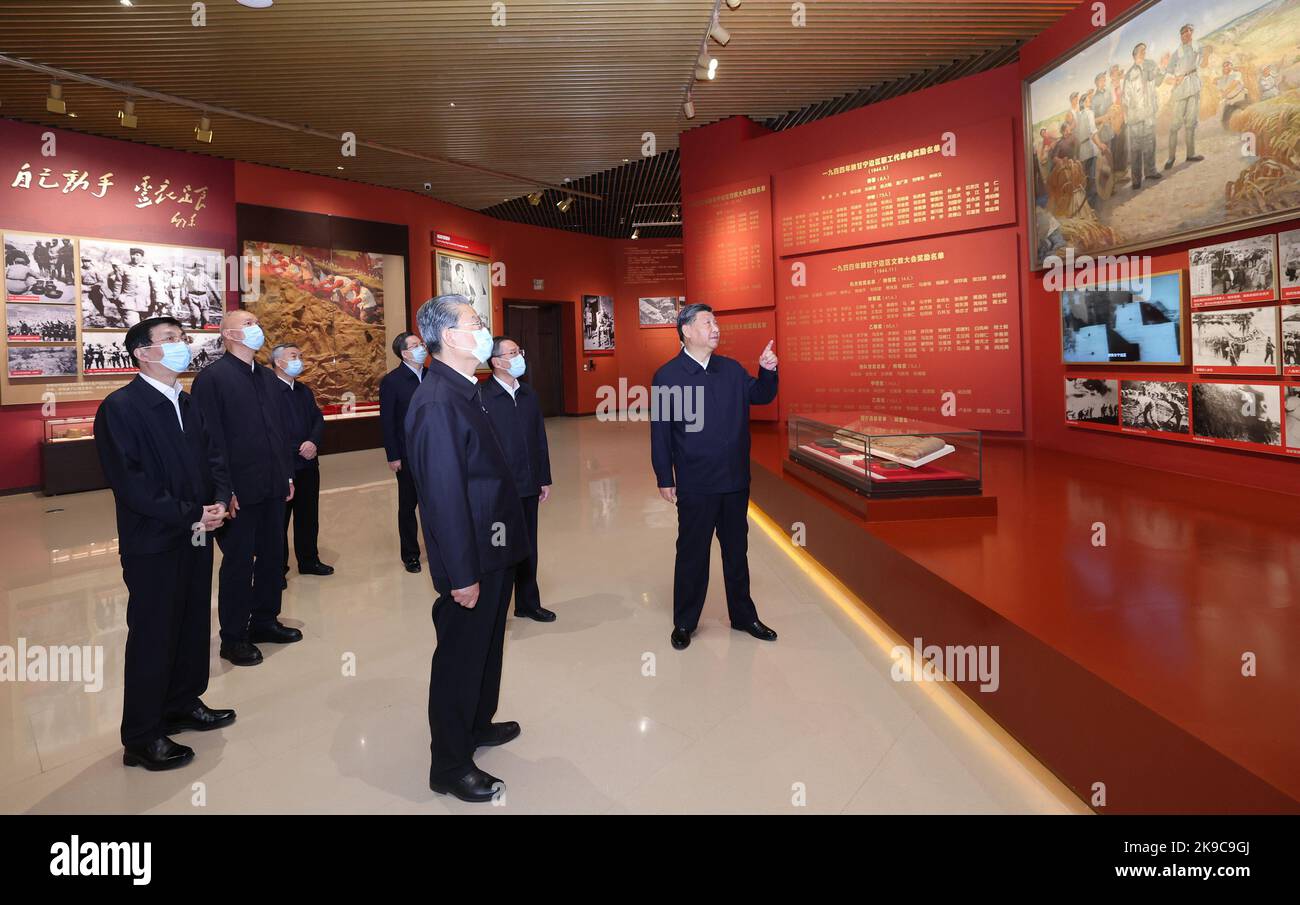 (221027) -- YAN'AN, Oct. 27, 2022 (Xinhua) -- Xi Jinping visits an exhibition on the 13 years of the Communist Party of China (CPC) Central Committee in Yan'an at the Yan'an Revolutionary Memorial Hall in Yan'an, northwest China's Shaanxi Province, Oct. 27, 2022. Xi Jinping, general secretary of the CPC Central Committee, led members of the Standing Committee of the CPC Central Committee Political Bureau on Thursday to visit Yan'an, an old revolutionary base in northwest China's Shaanxi Province. Xi, also Chinese president and chairman of the Central Military Commission, was accompanied by Cre Stock Photo