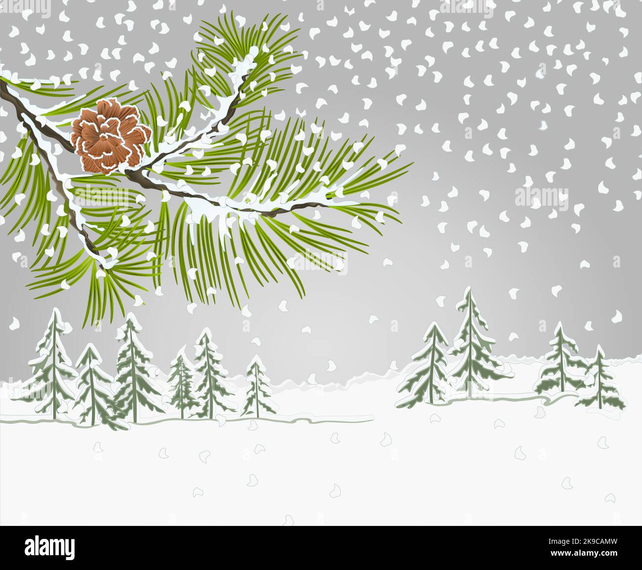 Winter landscape Pine branch with snow christmas theme vector Stock Vector