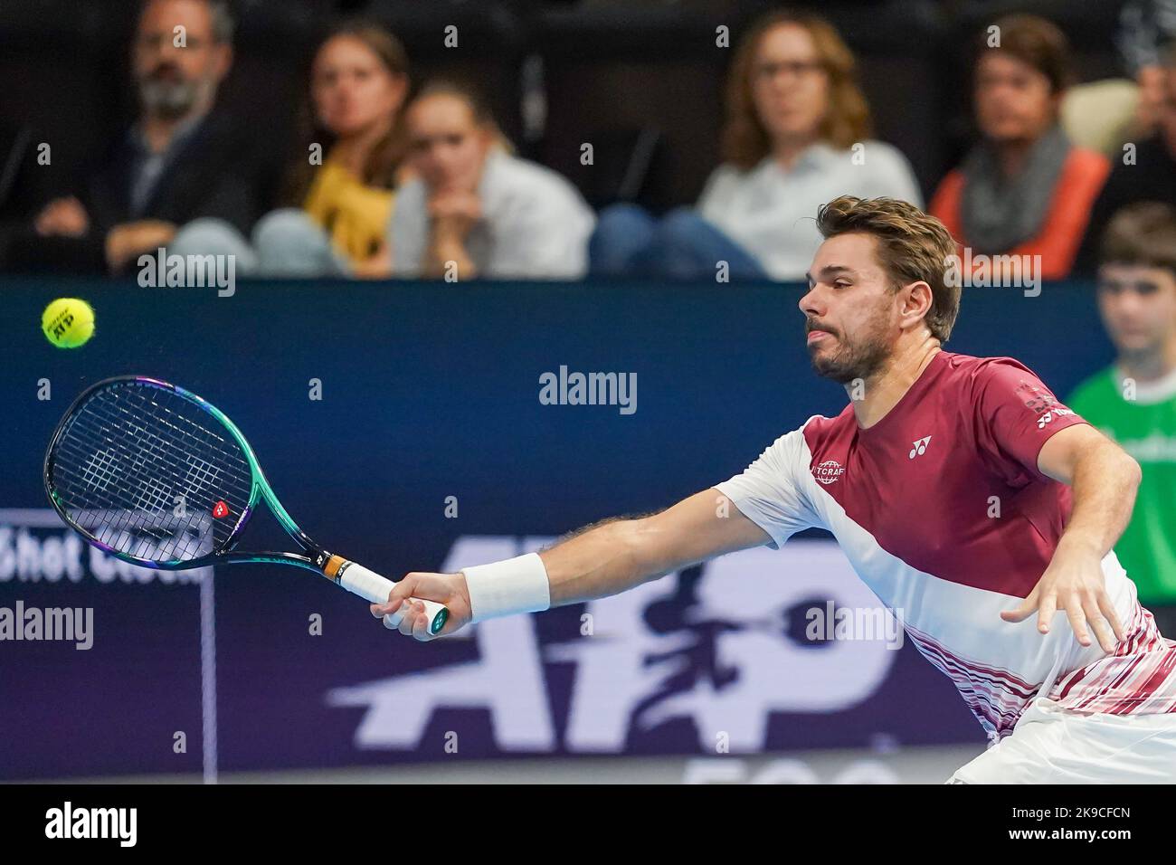 Basel, Switzerland. 27th Oct, 2022. Basel, Switzerland, October 27th 2022:  Stan Wawrinka (SUI) in action during the Swiss Indoors ATP 500 tennis  tournament match between Brandon Nakashima (USA) and Stan Wawrinka (SUI)