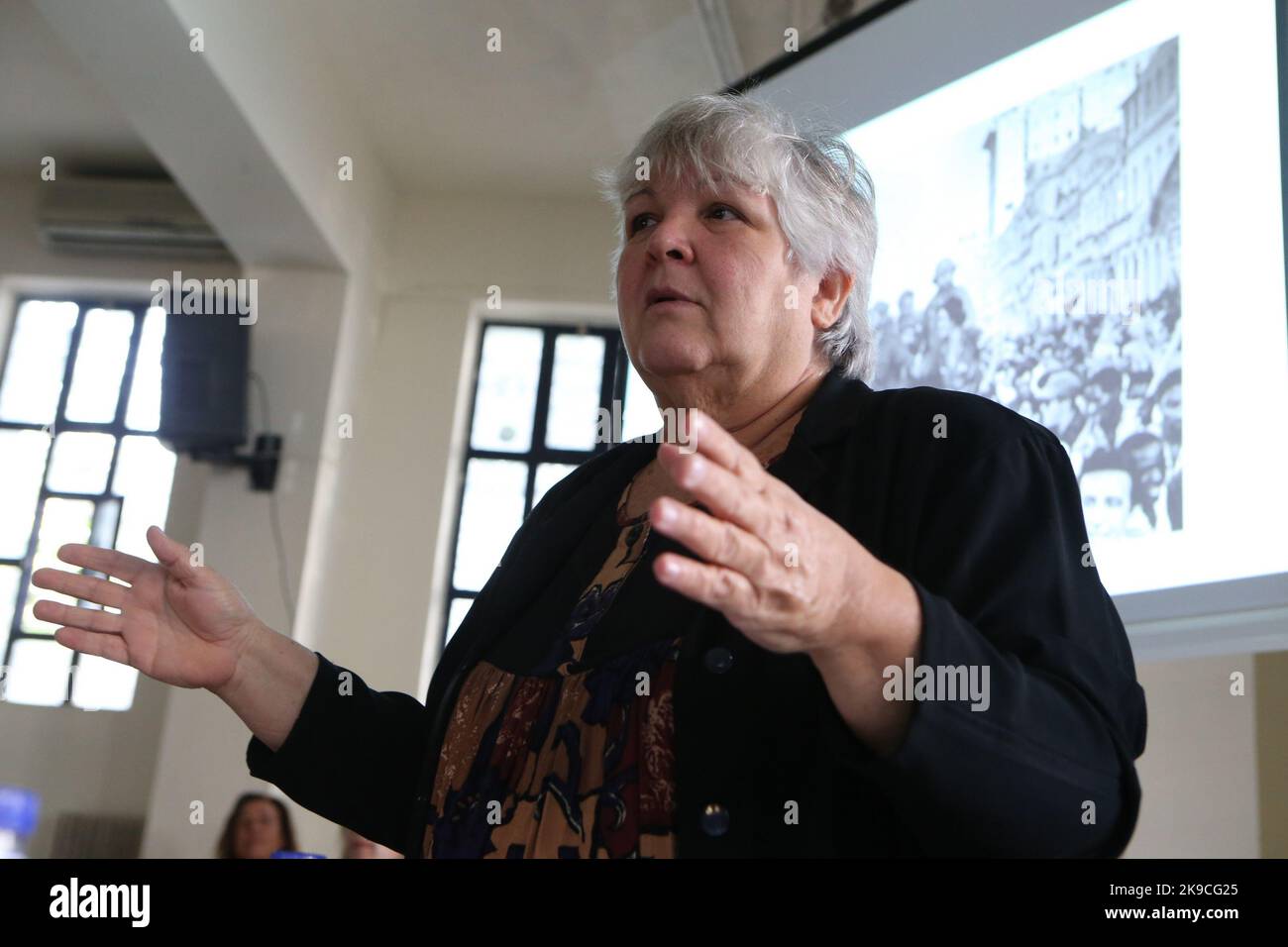 Aleida Guevara March, eldest daughter of legendary Argentinian guerrilla leader Ernesto Che Guevara, speaks at a function for 55 th anniversary of his death in high school in Athens. Stock Photo