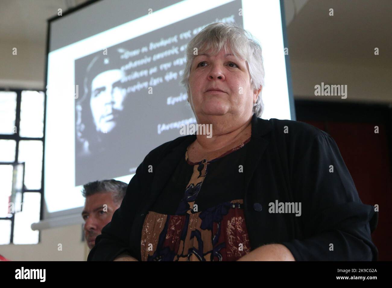 Aleida Guevara March, eldest daughter of legendary Argentinian guerrilla leader Ernesto Che Guevara, speaks at a function for 55 th anniversary of his death in high school in Athens. Stock Photo