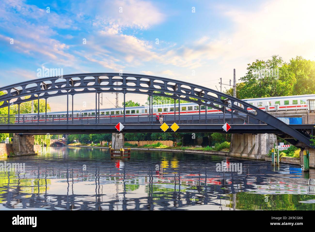 German railways over the Spree river, beautiful sunny image of modern Berlin, Germany Stock Photo