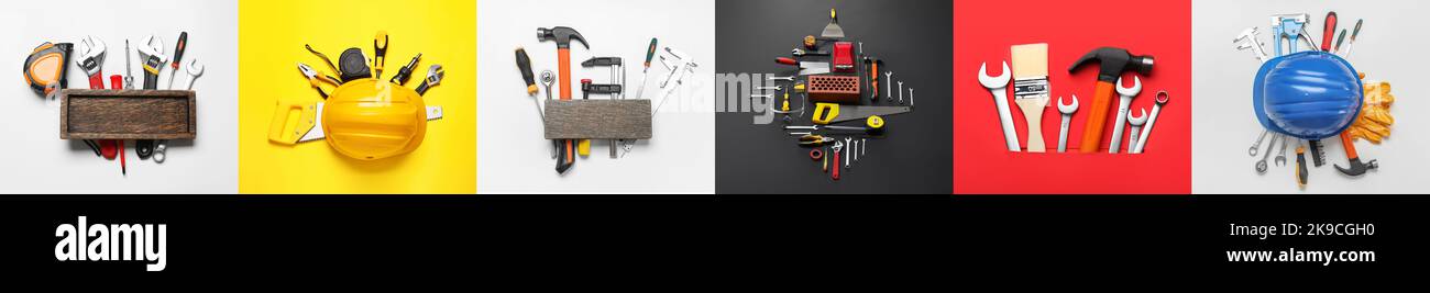 Collage with different construction tools on color background, top view Stock Photo